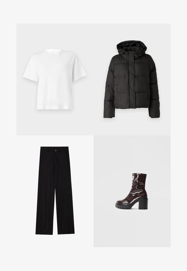 Giubbotto piumino nero con cappuccio, chiusura frontale con zip, motivo trapuntato e polsini elasticizzati. Realizzato in materiale sintetico liscio.; T-shirt bianco a maniche corte in cotone, con scollo rotondo e vestibilità comoda. Texture liscia con un design semplice e classico.; Pantaloni neri a gamba larga realizzati in un tessuto liscio, dotati di tasche frontali e chiusura con bottone in vita. Design minimalista senza motivi.; Stivale alla caviglia bordeaux lucido con un tacco spesso nero, caratterizzato da una superficie liscia e un design semplice. Nessuna chiusura visibile o motivo.