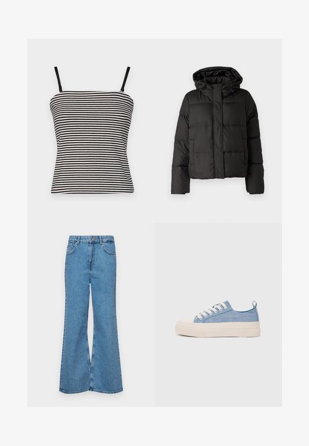 Fekete puffernadrág kapucnival, elöl cipzárral záródik, steppelt mintázattal és elasztikus mandzsettákkal rendelkezik. Simább szintetikus anyagból készült.; Fekete-fehér csíkos camisole vékony állítható pántokkal és testhez simuló fazonnal, könnyű anyagból, sima textúrával.; Világoskék, trapézszárú farmernadrág, magas derékkal, öt zsebbel és egy gombos záródással. Puha tapintású, magasított effektusú anyag.; Világoskék vászon sportcipők, krémszínű gumitippel és talppal, fehér fűzőkkel és egy húzófüllel a sarkán.