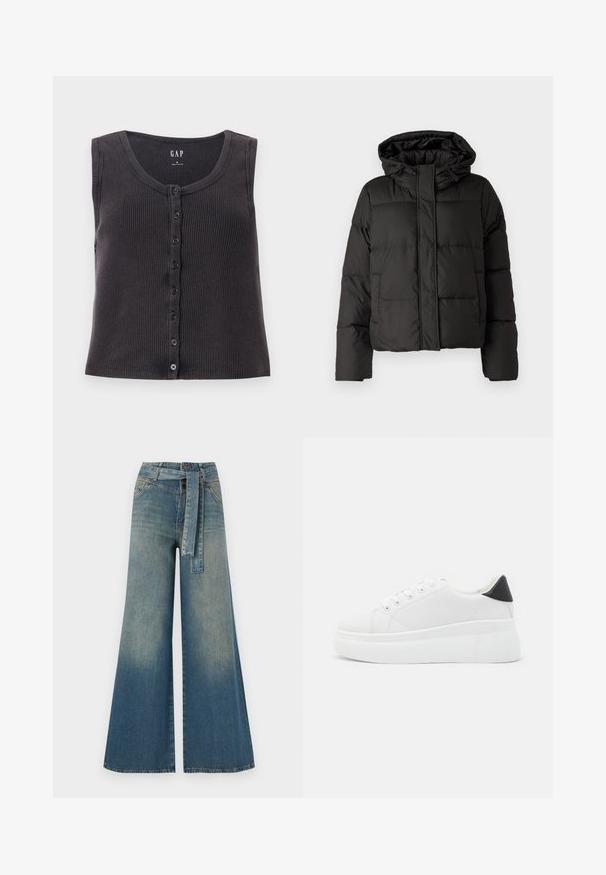 Musta puffatakki hupulla, vetoketjukiinnityksellä, tikattu kuvio ja elastiset hihansuut. Valmistettu sileästä synteettisestä materiaalista.; Tummaa harmaa ribbattua ilmanhihaista puseroa, jossa on pyöreä pääntie ja nappisuljenta edessä. Muotoilussa on hienovarainen tekstuuri ja kuusi mustaa nappia.; Yksiväriset farkut leveällä lahkeella, joissa on vaaleasta tummansiniseen häipyvä väri, korkea vyötärö, vyölenkit ja yhteensopiva kangasvyö. Rakennefarkkujen pinta.; Valkoiset alustasneakerit, jotka on valmistettu sileästä synteettisestä materiaalista. Niissä on pyöreä kärki, nauhakiinnitys ja teksturoitu kumipohja. Musta kantakorko korostaa ilmettä.