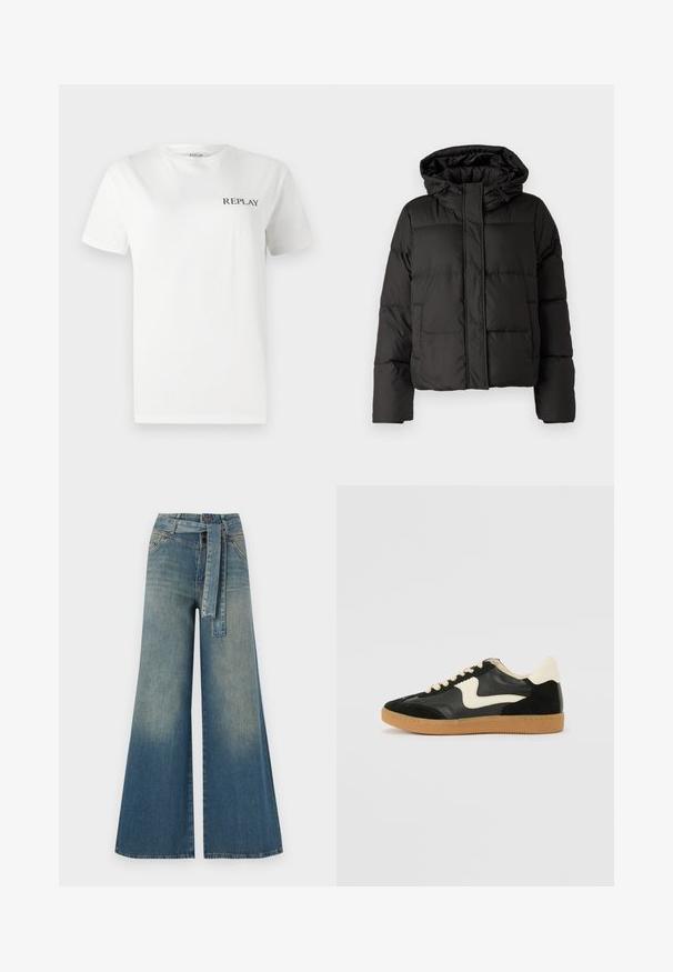 Fekete puffernadrág kapucnival, elöl cipzárral záródik, steppelt mintázattal és elasztikus mandzsettákkal rendelkezik. Simább szintetikus anyagból készült.; Fehér pamut póló rövid ujjakkal, kerek nyakkal, bal mellrészen egy kis fekete "REPLAY" logóval. Simító felület.; Bőszárú farmernadrág, világos és sötétkék árnyalatokkal, magas derekú, övgyűrűkkel és a nadrággal megegyező anyagú övvel. Textúrált farmer kivitel.; Fekete velúr és bőr sneaker, krém színű oldalsó swoosh-sal és világos krém színű sarokkal. Beigézett fűzőkkel és gumi talppal rendelkezik.