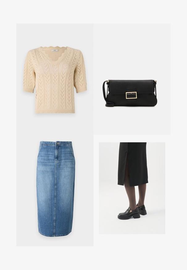 Musta puffatakki hupulla, vetoketjukiinnityksellä, tikattu kuvio ja elastiset hihansuut. Valmistettu sileästä synteettisestä materiaalista.; Beige neulottu villapaita, jossa on V-pääntie, lyhyet hihat ja aallotettu reuna. Ominaisuuksina on viisto kuvio ja avoin kudontasuunnittelu hengittävyyden parantamiseksi.; Vaaleansininen farkuhame, joka on suorassa leikkauksessa, etupainonappikiinnitys ja hienovarainen haalistuminen. Helma on hieman polven yläpuolella.; Mustat nahkakengät pyöreällä kärjellä, paksulla lohkopohjalla ja joustavilla sivuakkesseilla, yhdistettynä tummiin sukkahousuihin ja mustaan hameeseen, jossa on halkio.; Musta nahkainen kynäpenkkilaukku, jossa on läppä ja kultainen metallinen solkiyksityiskohta. Mukana musta hihna ja tyylikäs, minimalistinen muotoilu.