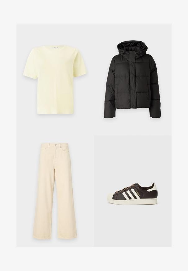 Casaco puffer preto com capuz, fecho frontal com zip e padrão acolchoado, com punhos elásticos. Feito de material sintético liso.; T-shirt unissexo de manga curta, decote redondo, plain amarelo claro, exibido sobre um fundo branco.; Jeans de perna larga bege feitos de algodão. Apresentam um fecho de botão, passadores para cinto e bolsos frontais com uma textura lisa e suave.; Sapatilha Adidas Superstar de cano baixo em pele castanho escuro com biqueira de concha creme, riscas brancas e texto "Superstar" do lado.