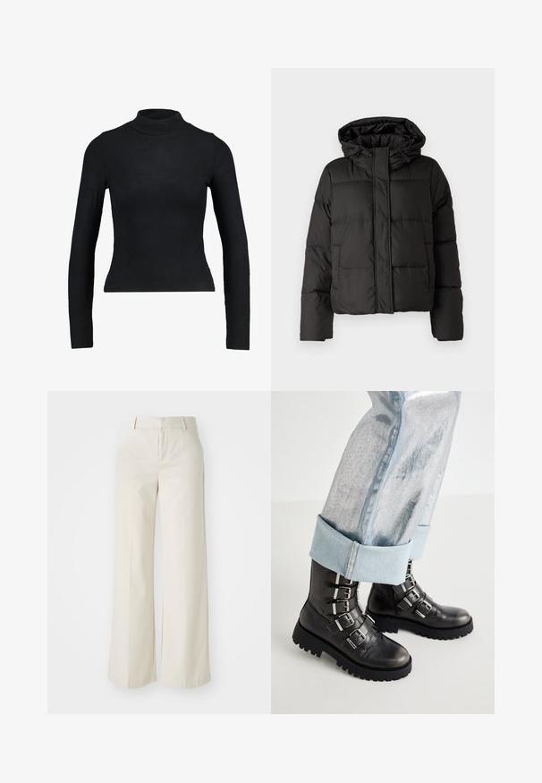 Must musterk jacket, millede, tõmbluku ees sulgemine, tikandmuster ja elastsed mansetid. Valmistatud siledast sünteetilisest materjalist.; Must räbal särk, millel on pikk varrukas ja kõrge kaelus, valmistatud ribakudumisest, rõhutades keha joont ja kitsast siluetti. Ilma mustrite või aktsentideta.; Laiad püksid helesbežis värvitoonis, valmistatud siledast kangast. Omavad klassikalist vööd ja siledat fronti puhaste joontega.; Mustad musta nahast säärekingad, millel on viis hõbedast rinnet, plätserdava musta tallaga, koos kerge sinise metallist teksapükstega, millede servad on üles rullitud.