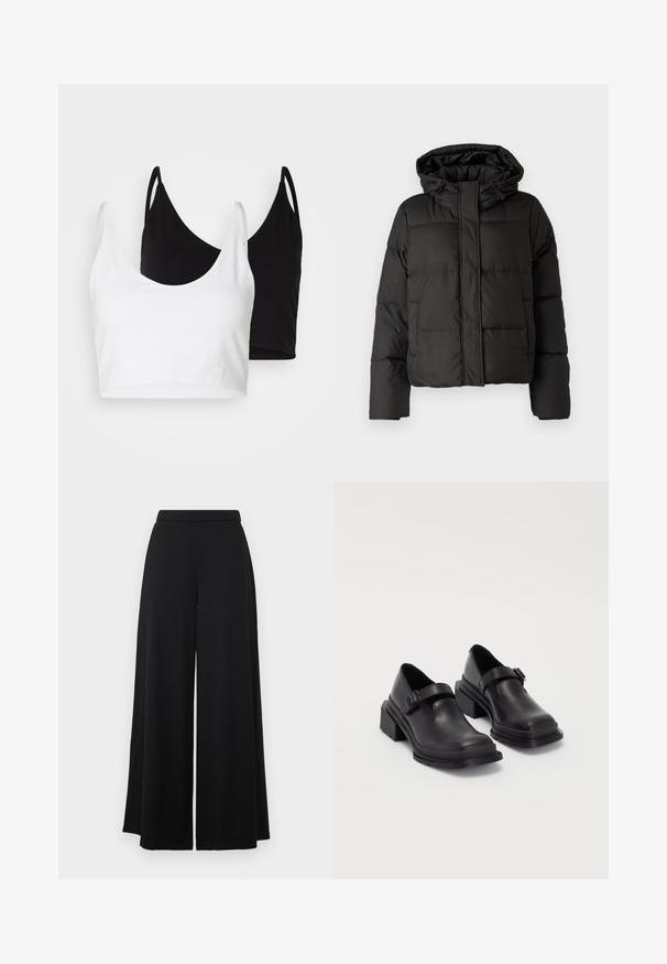 Black puffer jacket with a hood, zip front closure, quilted pattern, and elastic cuffs. Made from smooth synthetic material.; Two cotton crop tops in white and black. Each has a deep neckline and thin shoulder straps, featuring a smooth, soft texture.; Black wide-leg pants with a flat waistband. Made of a smooth, lightweight fabric, featuring a flowing silhouette. No pockets or embellishments.; Black leather shoes with a rounded toe, flat sole, and a strap with a buckle detail. Chunky block heel for added stability.