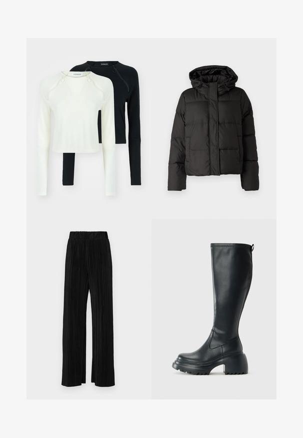 Černá péřová bunda s kapucí, zipovým zapínáním, prošívaným vzorem a elastickými manžetami. Vyrobena z hladkého syntetického materiálu.; Dvě dlouhé rukávy, jeden bílý a jeden černý. Oba mají kulaté výstřihy a dekorativní zipy na rameni. Hladká látka.; Černé plisované kalhoty s elastickým pasem. Mají široké nohavice a hladkou, strukturovanou tkaninu s vertikálními pruhy.; Vysoká černá kožená bota s masivní platformou a blokovým podpatkem, s poutkem a texturovaným vzorkem na podrážce.