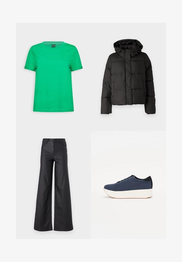 Melna pūkainā jaka ar kapuci, ar rāvējslēdzēju priekšpusei, ar izšūtu rakstu un elastīgām aprocēm. Izgatavota no gludas sintētiskas vielas.; Zaļš kokvilnas T-krekls ar apaļu kakla izgriezumu un īsām piedurknēm. Gluda tekstūra, vienkrāsains un taisna apakšmalā. Nav rakstu vai aksesuāru.; Melni, plata kāju bikses no mākslīgās ādas. Iespējas ietver augstu jostasvietu, jostu cilpas, divas priekšu kabatas un izšuvumu detaļas.; Navy zilo apavi ar strukturētu auduma augšdaļu, baltu platformas zoli, noapaļotu pirkstu daļu un melnu papēža akcentu. Iekļautas sešas acs caurumi šnuķēšanai.