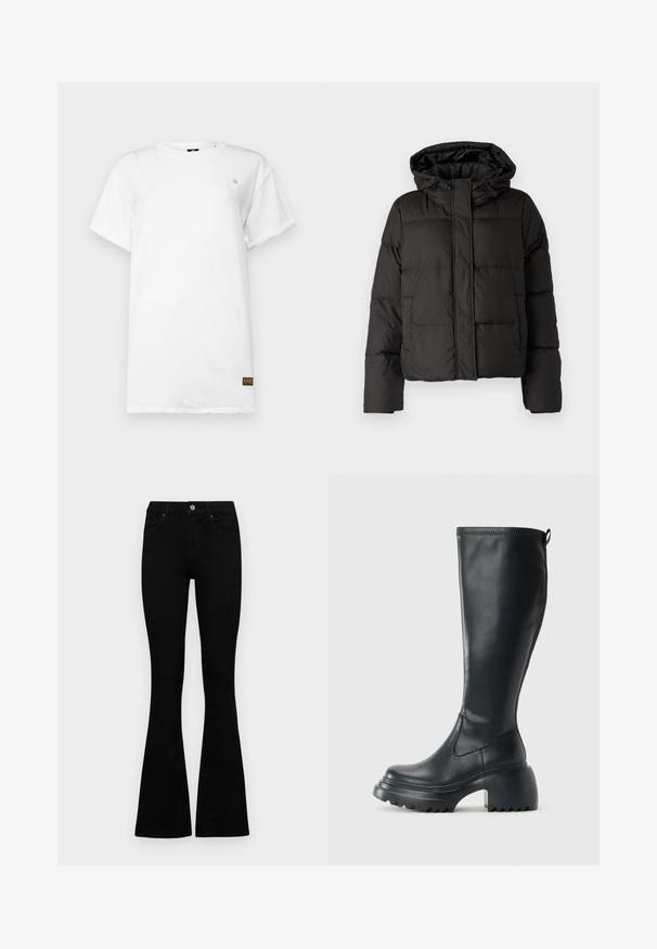 Černá péřová bunda s kapucí, zipovým zapínáním, prošívaným vzorem a elastickými manžetami. Vyrobena z hladkého syntetického materiálu.; G-STAR LASH FEM LOOSE FIT - Jednoduché tričko - white; Černé vysoké džíny s knoflíkem a zipovým zapínáním, předními kapsami a rozšířenými nohavicemi, ležící na bílé podložce.; Vysoká černá kožená bota s masivní platformou a blokovým podpatkem, s poutkem a texturovaným vzorkem na podrážce.
