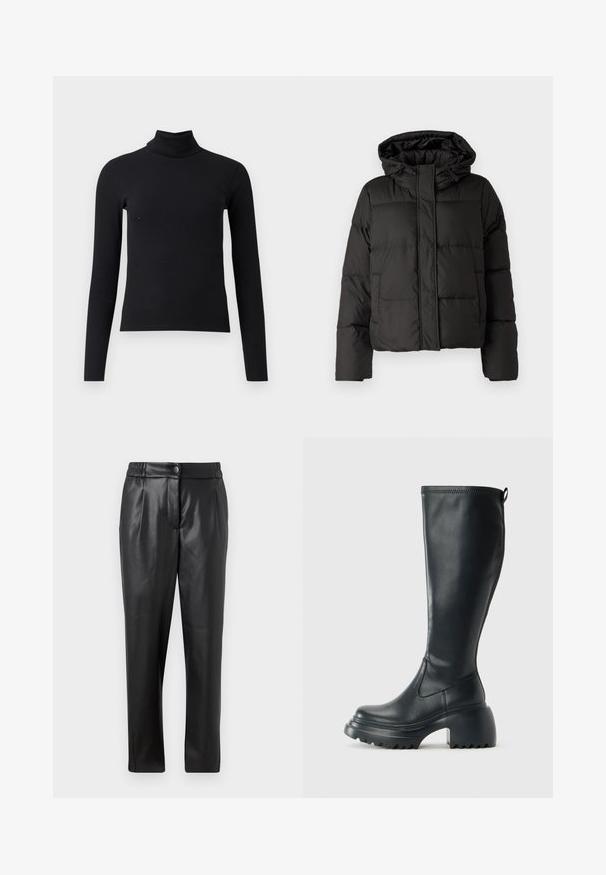 Juodas pūkinis džinsas su kapišonu, užtrauktuku priekyje, siuvinėtu raštu ir elastingais rankogaliais. Pagamintas iš lygios sintetinės medžiagos.; Juodas, raižytas megztinis su ilgomis rankovėmis, prigludusio dizaino, glotnios tekstūros ir aukštu apykaklė. Nėra matomų raštų ar puošmenų.; Juodos odinės kelnės su lygiu paviršiumi, tiesiu siluetu, elastinga juosta ir priekyje uždaroma mygtuku; raukiniai ir siaurėjantys kelnių šlaunys.; Ilgas juodos odinės batai su masyvi platforma ir stačiakampiu kulnu, turintys traukimo kilpą ir tekstūruotą pado raštą.