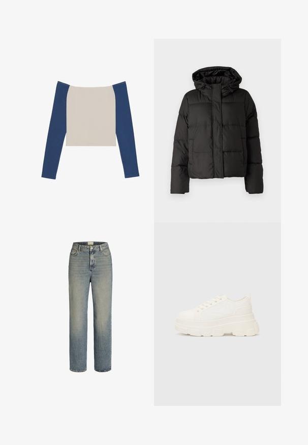 Zwarte gewatteerde jas met capuchon, ritssluiting aan de voorkant, gestikt patroon en elastische manchetten. Gemaakt van glad synthetisch materiaal.; Langsleeve top met een off-white lichaam en donkerblauwe mouwen, met een brede halslijn en een cropped design. Zachte, gladde textuur van de stof.; Lichtblauwe spijkerbroek met een recht model, hoge taille, vijfzakkenstijl en subtiele vervaging. Voorzien van een metalen knoop en ritssluiting.; Witte canvas sneaker met een stevige zool, ronde neus en vijf gaatjes voor veters. Achterste tab voor gemakkelijk aan- en uittrekken. Vloeibare textuur, minimalistisch ontwerp.