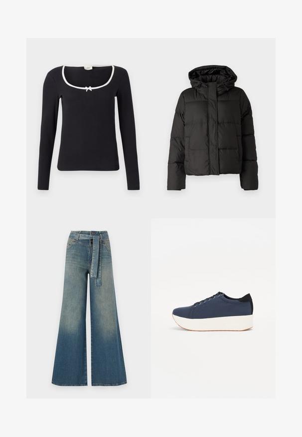 Musta puffatakki hupulla, vetoketjukiinnityksellä, tikattu kuvio ja elastiset hihansuut. Valmistettu sileästä synteettisestä materiaalista.; Musta pitkähihainen paita, jossa on neliön muotoinen kaula-aukko, valkoinen reunus ja pieni nauhakoriste keskellä. Pehmeä, ribattua kangasta ja muotoiltu malli.; Yksiväriset farkut leveällä lahkeella, joissa on vaaleasta tummansiniseen häipyvä väri, korkea vyötärö, vyölenkit ja yhteensopiva kangasvyö. Rakennefarkkujen pinta.; Sotilaspunainen tennari, jossa on teksturoitu kangasyläosa, valkoinen alustan pohja, pyöreä kärki ja musta kantapääkorostus. Varustettu kuudella nyörille tarkoitetulla reikällä.