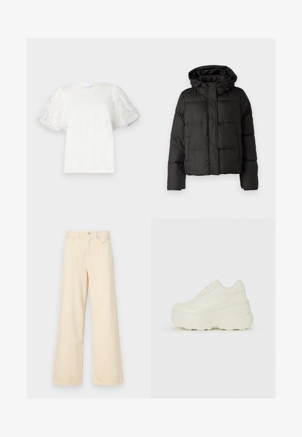 Casaco puffer preto com capuz, fecho frontal com zip e padrão acolchoado, com punhos elásticos. Feito de material sintético liso.; T-shirt branca com mangas curtas e rondas, feitas de tecido transparente, apresentando bordado floral. Decote redondo, corte descontraído, textura suave.; Jeans de perna larga bege feitos de algodão. Apresentam um fecho de botão, passadores para cinto e bolsos frontais com uma textura lisa e suave.; Tênis brancos de plataforma com um cabedal suave semelhante a couro, formato arredondado, colarinho acolchoado e sola de borracha texturizada com ranhuras bem definidas.