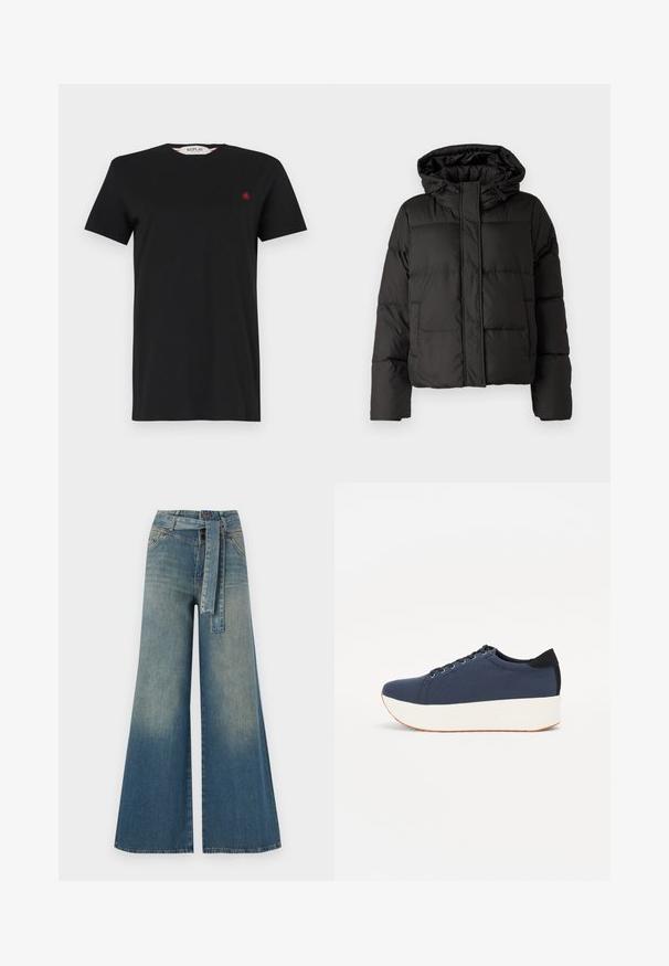 Svart puffjacka med huva, dragkedja fram, kviltat mönster och elastiska ärmslut. Tillverkad av ett slätt syntetiskt material.; Svart t-shirt med kort ärm i ett mjukt material, med en rund halsringning och en liten röd logga på bröstet. Enkel, klassisk design.; Breda denimbyxor med en ljus till mörkblå gradient, hög midja, bälteshällor och ett matchande tygbälte. Texturerad denimfinish.; Marinblå sneaker med en strukturerad tygöverdela, vit plattformssula, rund tå och svart hälsaccent. Har sex hål för snörning.