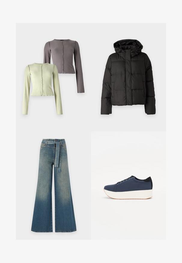 Schwarze Daunenjacke mit Kapuze, Reißverschluss auf der Vorderseite, gestepptem Muster und elastischen Bündchen. Hergestellt aus glattem Synthetikmaterial.; Set aus zwei Langarm-Ripp-Tops in Hellgrün und Dunkelgrau. Jedes hat einen runden Ausschnitt und ein dezentes wellenförmiges Saumdetail.; Weit geschnittene Denim-Hosen mit einem Farbverlauf von hellblau zu dunkelblau, hoher Taille, Gürtelschlaufen und einem passenden Stoffgürtel. Strukturierte Denim-Oberfläche.; Dunkelblaue Sneaker mit einem strukturierten Obermaterial, weißer Plattformsohle, runder Zehenpartie und schwarzem Fersenakzent. Verfügt über sechs Ösen für die Schnürsenkel.