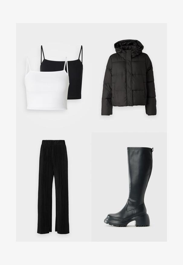 Black puffer jacket with a hood, zip front closure, quilted pattern, and elastic cuffs. Made from smooth synthetic material.; Two ribbed camisoles in white and black, featuring thin adjustable straps and a cropped design. Soft fabric with a smooth texture.; Black pleated trousers with an elastic waistband. Features wide legs and a smooth, textured fabric with vertical stripes.; Tall black leather boot with chunky platform sole and block heel, featuring pull tab and textured tread on outsole.