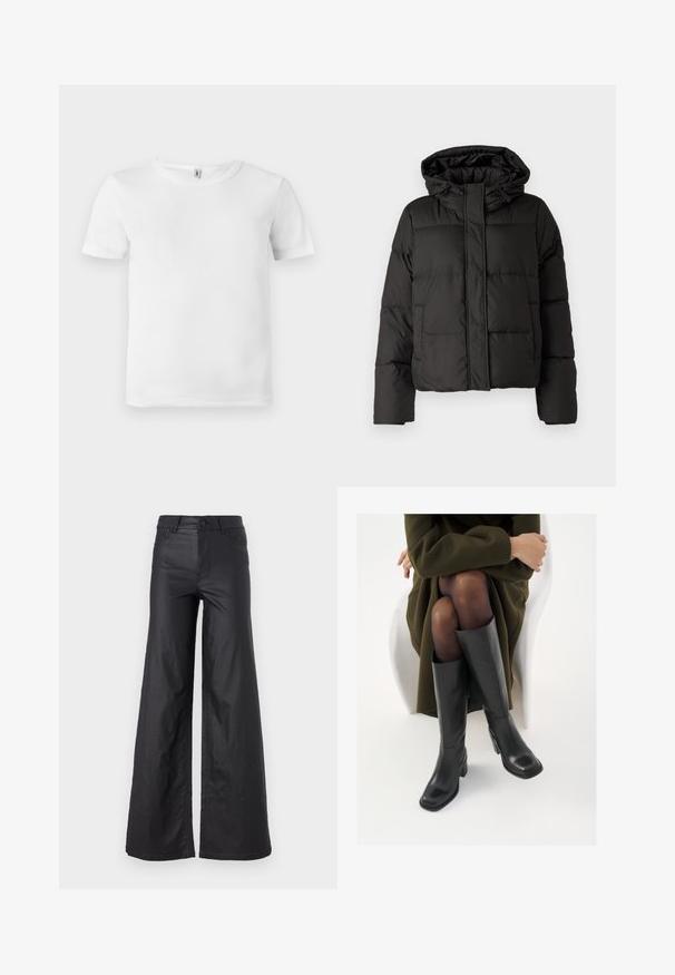 Must musterk jacket, millede, tõmbluku ees sulgemine, tikandmuster ja elastsed mansetid. Valmistatud siledast sünteetilisest materjalist.; Valge lühikeste varrukatega T-särk ribide tekstuuriga. Klassikaline ümar kaelus, nähtavate logode ega mustriteta ning lihtne ja puhas disain.; Mustad, laiad püksid kunstnahast. Omab kõrget vööd, vöökotte, kahte esipoolset taskut ja õmmeldud detaile.; Knee-high mustad nahast saapad nelinurkse varbaga ja plokilise kontsaga, esitatud mudeli kõrval, kes istub oliivirohelises mantlis. Sujuv tekstuur, minimaalne detailide arv.