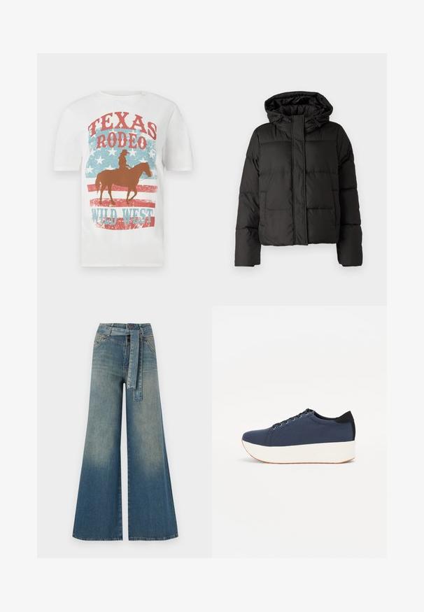 Černá péřová bunda s kapucí, zipovým zapínáním, prošívaným vzorem a elastickými manžetami. Vyrobena z hladkého syntetického materiálu.; Bílý bavlněný tričko s motivem kovboje na koni, s grafikou "Texas Rodeo Wild West" v červené a modré barvě, s opotřebovanou texturou a pozadím s hvězdami.; Džínové kalhoty širokého střihu s přechodem od světlé k tmavě modré, vysokým pasem, poutky na opasek a odpovídajícím opaskem ze stejného materiálu. Texturovaná džínovina.; Námořnické modré tenisky s texturovaným textilním svrškem, bílou platformovou podrážkou, kulatou špičkou a černým akcentem na patě. Obsahují šest očíček pro tkaničky.