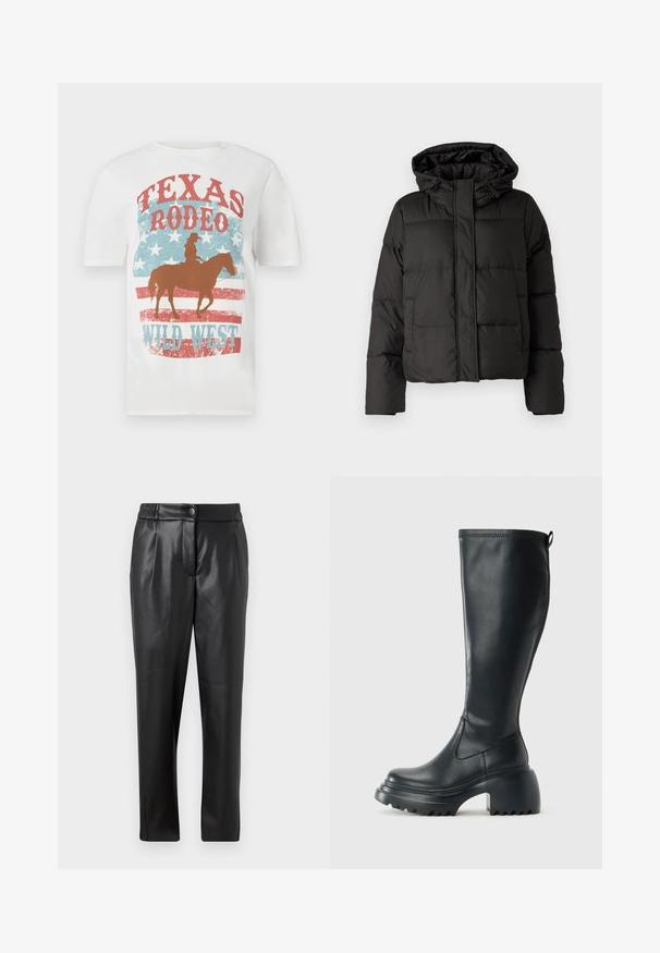 Black puffer jacket with a hood, zip front closure, quilted pattern, and elastic cuffs. Made from smooth synthetic material.; White cotton t-shirt featuring a cowboy on a horse, with a red and blue "Texas Rodeo Wild West" graphic, distressed texture and star background.; Black leather pants with a smooth texture, straight fit, elastic waistband, and a front button closure; pleated detailing and tapered legs.; Tall black leather boot with chunky platform sole and block heel, featuring pull tab and textured tread on outsole.