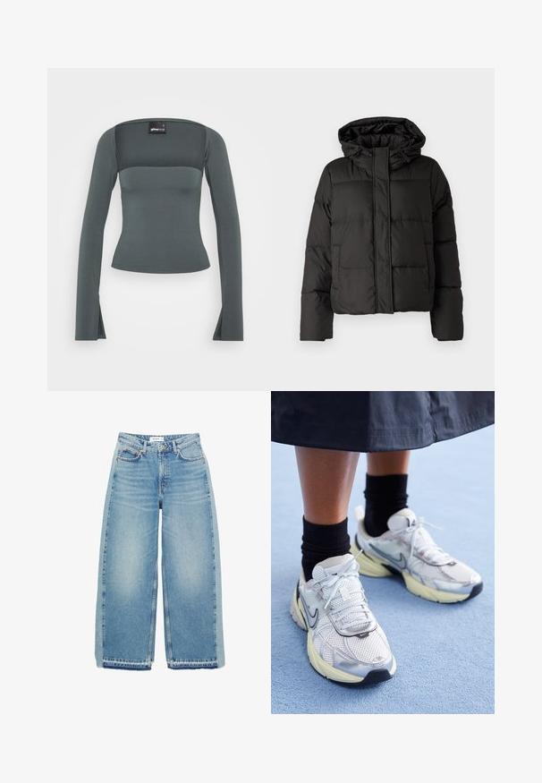 Svart puffjacka med huva, dragkedja fram, kviltat mönster och elastiska ärmslut. Tillverkad av ett slätt syntetiskt material.; Grå långärmad topp med en figurnära silhuett och fyrkantig halsringning. Tillverkad av mjukt tyg och har sidoflikar på ärmarna för extra detalj.; Ljusblå bredbenta jeans i denim, med hög midja, knappstängning, framfickor och rå fåll.; Vita och silver Nike-sneakers i mesh-material, med reflexdetaljer och en beige sula. Bärs med svarta strumpor, står på en blå yta.