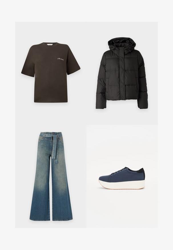 Black puffer jacket with a hood, zip front closure, quilted pattern, and elastic cuffs. Made from smooth synthetic material.; Brown cotton t-shirt with short sleeves, relaxed fit, round neckline, featuring a small white embroidered text on the left chest.; Wide-leg denim trousers featuring a light to dark blue gradient, high waist, belt loops, and a matching fabric belt. Textured denim finish.; Navy blue sneaker with a textured fabric upper, white platform sole, rounded toe, and black heel accent. Features six eyelets for laces.