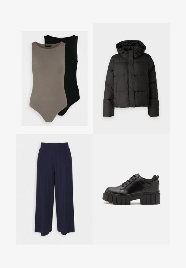 Μαύρο μπουφάν τύπου πούφτερ με κουκούλα, κλείσιμο με φερμουάρ μπροστά, ραφές με επένδυση και ελαστικούς καρπούς. Κατασκευασμένο από λεία συνθετική ύλη.; Δύο αμάνικα κορμάκια σε ελαιόχρωμο και μαύρο. Κατασκευασμένα από λείο ύφασμα με στρογγυλή λαιμόκοψη και σχέδιο πόδας υψηλής κοπής.; Πλατιά παντελόνια σε σκούρο ναυτικό ύφασμα με ριχτή υφή. Διαθέτουν ένα λείο ζωνάκι και ρέουσα σιλουέτα, φτάνοντας στο μήκος του μέσου μοσχαριού.; Μαύρα δερμάτινα παπούτσια πλατφόρμας με παχύ μπλοκ τακούνι, στρογγυλή μύτη και παραδοσιακό σχέδιο δέσιμο. Διαθέτουν λεία υφή και ελάχιστες λεπτομέρειες.