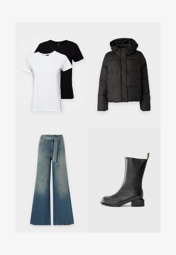 Geacă puffer neagră cu glugă, închidere cu fermoar în față, model matlasat și manșete elastice. Realizată din material sintetic neted.; Două tricouri cu mânecă scurtă: unul alb și unul negru. Fabricate din bumbac, având un design clasic de gât rotund și o textură netedă.; Pantaloni din denim largi, cu un gradient de la albastru deschis la albastru închis, talie înaltă, bucle pentru curea și o curea din același material. Finisaj texturat din denim.; Botine negre din piele cu toc bloc, textură netedă, vârf rotund și un tab de toc cu branding galben.
