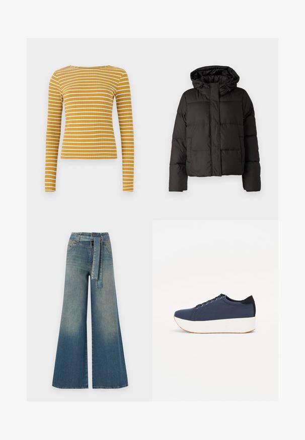 Must musterk jacket, millede, tõmbluku ees sulgemine, tikandmuster ja elastsed mansetid. Valmistatud siledast sünteetilisest materjalist.; Kollaste horisontaalsete triipudega pika varrukaga ribitop. Omab ümarat kaelust ja väljendunud siluetti. Sile tekstuur.; Laiad denimpüksid, millel on hele tume sinine gradiendiefekt, kõrge vöökoht, vöökumlid ja sobivast kangast vöö. Struktureeritud denimi viimistlus.; Tumedat sinised tennised tekstureeritud riidest pealispinnaga, valge platvormi tallaga, ümarate varvaste ja musta kontsapaneeliga. Omab kuut silma paelte jaoks.