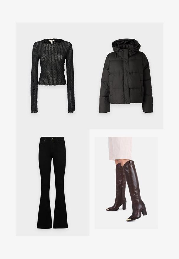 Black puffer jacket with a hood, zip front closure, quilted pattern, and elastic cuffs. Made from smooth synthetic material.; Black long-sleeve top made of textured lace, featuring a scalloped neckline and fitted design with a cropped silhouette.; Black high-waist jeans with a button and zip closure, front pockets, and flared legs laid flat on a white background.; Brown leather knee-high boots with a pointed toe, gold cap, and a side zipper. They feature a chunky heel and smooth texture.