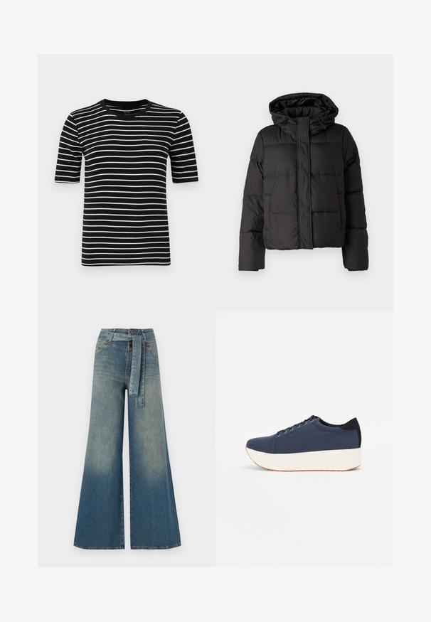 Melna pūkainā jaka ar kapuci, ar rāvējslēdzēju priekšpusei, ar izšūtu rakstu un elastīgām aprocēm. Izgatavota no gludas sintētiskas vielas.; Melnu un baltu svītrotu t-kreklu, īsām piedurknēm, apaļu kaklu, veidotu no mīksta kokvilnas adījuma, ar vienmērīgām svītrām un standarta piegriezumu.; Platām kājām džinsu bikses ar gaismas līdz tumši zilam gradientam, augstu jostas līniju, jostas cilpām un atbilstošu auduma jostu. Tekstūrēts džinsas apdare.; Navy zilo apavi ar strukturētu auduma augšdaļu, baltu platformas zoli, noapaļotu pirkstu daļu un melnu papēža akcentu. Iekļautas sešas acs caurumi šnuķēšanai.