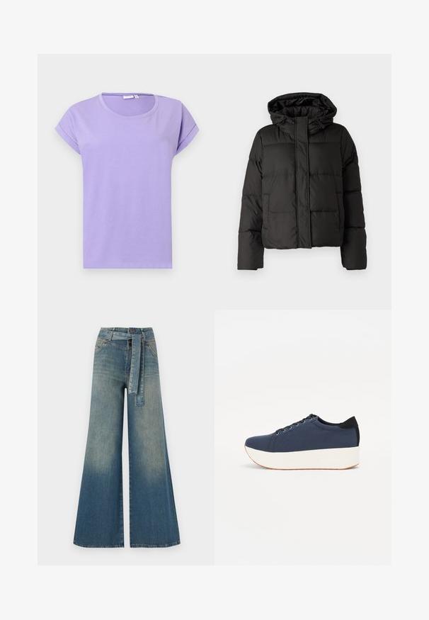 Sort pufferjakke med hætte, lynlås foran, quiltet mønster og elastiske manchetter. Fremstillet af glat syntetisk materiale.; Lilla kortærmet t-shirt lavet af blødt bomuld. Har rund halsudskæring, optrukne ærmer og en afslappet pasform. Enkelt design uden mønstre.; Bredbens-denimbukser med en lys til mørk blå gradient, høj talje, bælteløkker og et matchende stofbælte. Tekstureret denimfinish.; Mørkeblå sneakers med en struktureret stofoverdel, hvid platformssål, rund tå og sort hælakkent. Har seks snøreøjer til snørebånd.