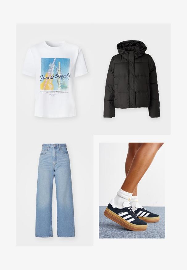 Black puffer jacket with a hood, zip front closure, quilted pattern, and elastic cuffs. Made from smooth synthetic material.; White cotton t-shirt featuring a colorful graphic of two glass bottles with straws and the text "Sounds Perfect!" in a bold font.; Light blue high-waist wide-leg jeans with front button and zip closure, front and back pockets, on a white background.; Black suede sneakers with white stripes and accents, rounded toe, gum rubber outsole, paired with white ribbed crew socks.