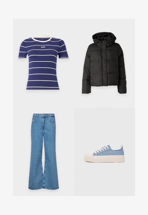 Juodas pūkinis džinsas su kapišonu, užtrauktuku priekyje, siuvinėtu raštu ir elastingais rankogaliais. Pagamintas iš lygios sintetinės medžiagos.; Tamsiai mėlynas trumpomis rankovėmis marškinėliai su horizontaliais baltais dryžiais, su apvaliu gumuotu kaklu ir balta "GAP" užrašu priekyje.; Šviesiai mėlynos flared džinsai, pagaminti iš džinsinio audinio, su aukštu liemeniu, penkiomis kišenėmis ir vienu mygtuko užsegimu. Minkštas paviršius su išblukusiu efektu.; Šviesiai mėlyni drobės sportbačiai su kreminiu guminiu pirštų apsaugos ir pado elementu, balti raišteliai ir kilpa ant kulno.
