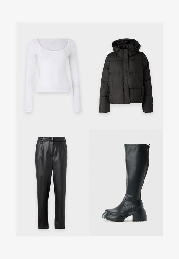 Black puffer jacket with a hood, zip front closure, quilted pattern, and elastic cuffs. Made from smooth synthetic material.; Long-sleeve white ribbed top with a scoop neckline and fitted design, made of soft textile, featuring smooth seams and no visible hardware.; Black leather pants with a smooth texture, straight fit, elastic waistband, and a front button closure; pleated detailing and tapered legs.; Tall black leather boot with chunky platform sole and block heel, featuring pull tab and textured tread on outsole.