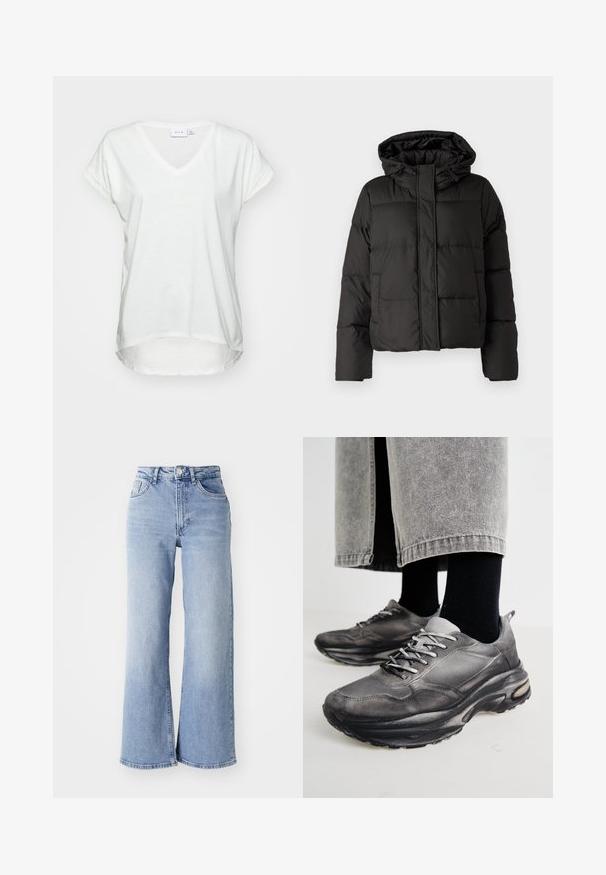 Black puffer jacket with a hood, zip front closure, quilted pattern, and elastic cuffs. Made from smooth synthetic material.; V-neck, short-sleeve t-shirt in soft white fabric. Features a relaxed fit and rounded hem, with a slightly longer back.; Light blue high-waist wide-leg jeans with front and back pockets, button closure, and subtle fading on the thighs and hems.; Black and gray athletic shoes feature a mesh upper, thick soles, and laces. They have a rounded toe and visible cushioning detail.