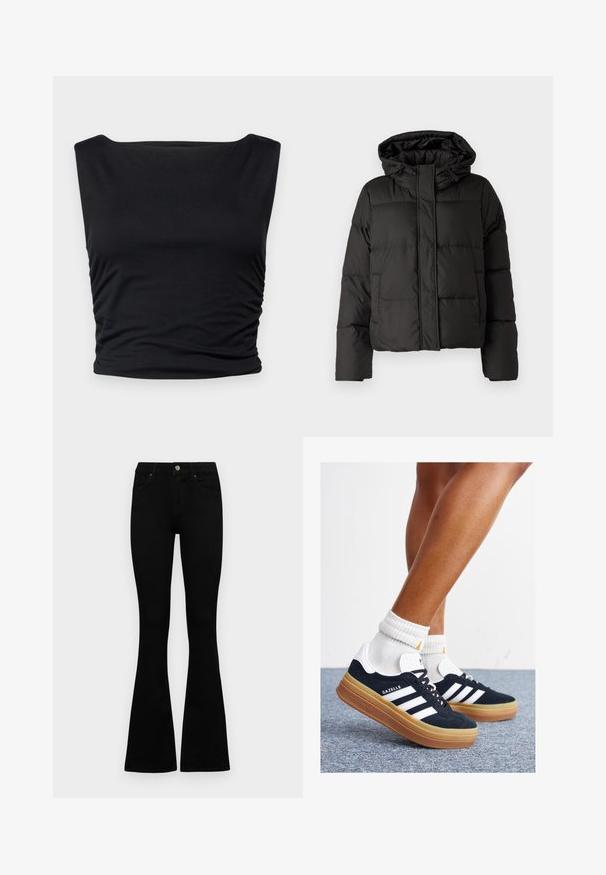 Must musterk jacket, millede, tõmbluku ees sulgemine, tikandmuster ja elastsed mansetid. Valmistatud siledast sünteetilisest materjalist.; Hollister Co. SEAMLESS SHELL - Topp - casual black; Mustad kõrge vöökohtadega teksad, millel on nööp ja lukuga sulgemine, esikäe taskud ja laienevad sääred, asetatud tasasele valgele taustale.; Mustad seemisnahast tossud valgete triipude ja detailidega, ümarate varbassosadega, kummist välistallaga, paaritatud valgete soonikuliste meessokkidega.