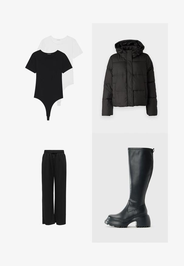 Musta puffatakki hupulla, vetoketjukiinnityksellä, tikattu kuvio ja elastiset hihansuut. Valmistettu sileästä synteettisestä materiaalista.; Mustat ja valkoiset lyhythihaiset bodysuitit, joissa on pyöreä pääntie ja thong-tyyliset alaosat, valmistettu sileästä, joustavasta kankaasta.; Mustat leveät housut pehmeästä kankaasta, joissa on joustava vyötärönauha ja kiristysnauha säädettävää istuvuutta varten. Ei kuvioita tai yksityiskohtia.; Korkeat mustat nahkakengät, joissa on paksu pohja ja lohkare korko, varustettuna vetonauhalla ja tekstuurilla ulkopohjassa.