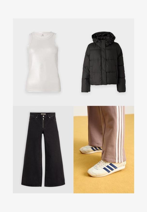 Black puffer jacket with a hood, zip front closure, quilted pattern, and elastic cuffs. Made from smooth synthetic material.; Cream tank top with a fitted design, ribbed texture, sleeveless cut, and a subtle sheen, showcasing a simple round neckline.; Wide-leg jeans in black denim with a zippered front, five-pocket design, and subtle stitching details. Smooth texture and casual style.; Cream sneakers with blue suede stripes, white laces, and a rubber sole. Paired with gray sweatpants featuring white side stripes.