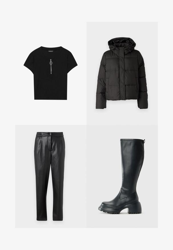 Črna puhovka s kapuco, zadrgo spredaj, prešito vzorec in elastičnimi manšetami. Narejena iz gladkega sintetičnega materiala.; Črna rebrasta kratkosleeve majica z okroglim izrezom in sprednjim zadrgo z kovinsko obročasto pulls, izdelana iz teksturirane tkanine.; Črne usnjene hlače z gladko teksturo, ravnim krojem, elastičnim pasom in sprednjim gumbom; nagubani detajli in zoženi nogi.; Visoka črna usnjena škornja s debelim podplatnim solejem in blok peto, opremljena s potegom in strukturiranim profilom na podplatu.