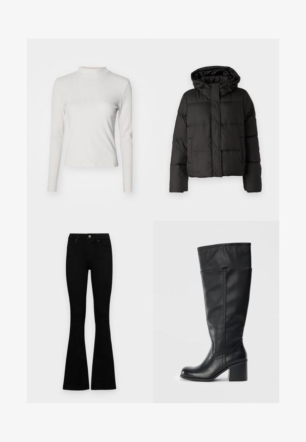 Svart puffjacka med huva, dragkedja fram, kviltat mönster och elastiska ärmslut. Tillverkad av ett slätt syntetiskt material.; Långärmad, ljusbeige ribbad tröja med polokrage och slät textur, med en figurnära passform och minimalistiska designinslag.; Svarta högmidjade jeans med knäppning och dragkedja, frontfickor och utsvängda ben, liggande platt på en vit bakgrund.; Knähöga svarta läderstövlar med klack, slät yta och sömnadsdetaljer längs sidorna. Enkel och modern design.