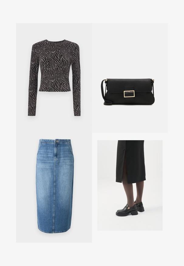 Čierna prešívaná bunda s kapucňou, so zipsom vpredu, prešívaným vzorom a elastickými manžetami. Vyrobená z hladkého syntetického materiálu.; Čierny top s dlhými rukávmi, ktorý má textúrovaný zebrový vzor s metalickými akcentmi. Priliehavý strih, okrúhly výstrih a skrátený strih.; Džínová ceruzková sukňa v svetlomodrej farbe s rovnými líniami, predným zapínaním na gombíky a jemným vyblednutím. Spodok sukne je tesne nad kolenami.; Čierne kožené topánky s okrúhlou špičkou, silným blokovým opätkom a elastickými bočnými akcentmi, skombinované s tmavými pančuchami a čiernou sukňou so štiepením.; Čierna kožená clutch taška s klopou a zlatým kovovým detailom s prackou. Obsahuje čierny remienok a elegantný, minimalistický dizajn.