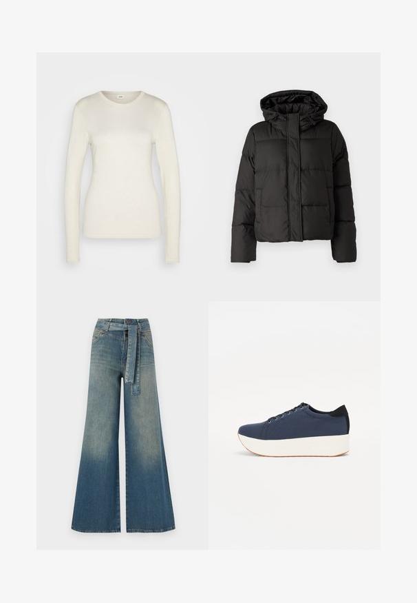 Must musterk jacket, millede, tõmbluku ees sulgemine, tikandmuster ja elastsed mansetid. Valmistatud siledast sünteetilisest materjalist.; Pikad varrukad kreemivärvi pluus, mis on valmistatud pehmest puuvillast, ümmarguse kaelusega, keha lähedase silueti ja õmblustega hemmi ja varrukaotsades.; Laiad denimpüksid, millel on hele tume sinine gradiendiefekt, kõrge vöökoht, vöökumlid ja sobivast kangast vöö. Struktureeritud denimi viimistlus.; Tumedat sinised tennised tekstureeritud riidest pealispinnaga, valge platvormi tallaga, ümarate varvaste ja musta kontsapaneeliga. Omab kuut silma paelte jaoks.