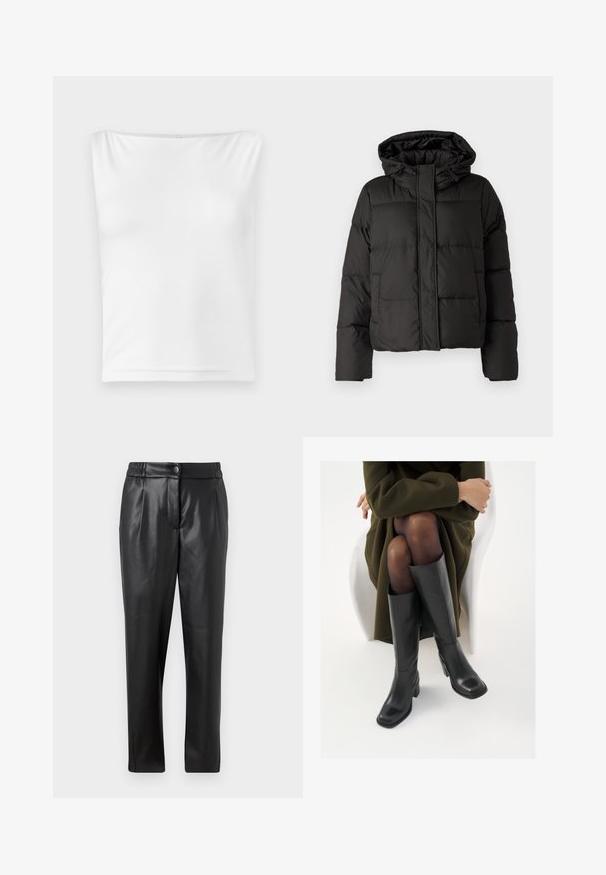 Giubbotto piumino nero con cappuccio, chiusura frontale con zip, motivo trapuntato e polsini elasticizzati. Realizzato in materiale sintetico liscio.; Top bianco senza maniche con scollatura dritta, realizzato in tessuto liscio, presenta una silhouette aderente e nessun hardware o motivo visibile.; Pantaloni di pelle nera con una texture liscia, vestibilità dritta, cintura elastica e chiusura con bottone frontale; dettagli plissettati e gambe affusolate.; Stivali neri in pelle alti fino al ginocchio con punta squadrata e tacco a blocco, mostrati con un modello seduto in un cappotto verde oliva. Texture liscia, dettagli minimi.