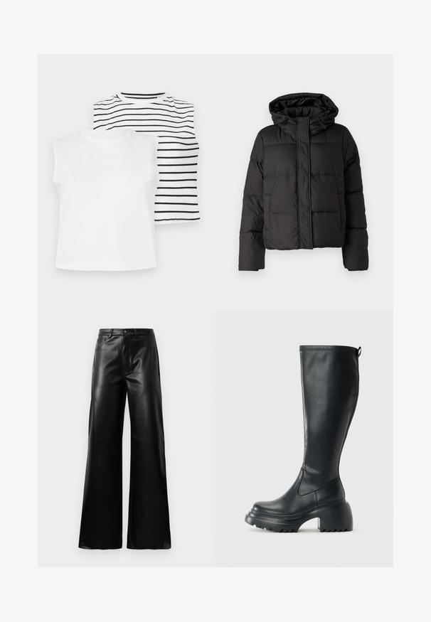 Giubbotto piumino nero con cappuccio, chiusura frontale con zip, motivo trapuntato e polsini elasticizzati. Realizzato in materiale sintetico liscio.; Due canottiere senza maniche: una di colore bianco solido, l'altra con strisce orizzontali nere su uno sfondo bianco. Tessuto morbido, scollature rotonde.; Pantaloni ampi a vita alta in ecopelle neri con bottone frontale, chiusura con zip, passanti per cintura e tasche laterali su sfondo bianco.; Stivale lungo in pelle nera con suola piatta robusta e tacco a blocco, dotato di linguetta e battistrada testurizzato sulla suola.