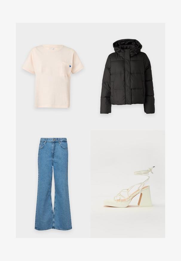 Μαύρο μπουφάν τύπου πούφτερ με κουκούλα, κλείσιμο με φερμουάρ μπροστά, ραφές με επένδυση και ελαστικούς καρπούς. Κατασκευασμένο από λεία συνθετική ύλη.; Λαμπερό ροζ βαμβακερό T-shirt με κοντά μανίκια, κλασική λαιμόκοψη και ένα μικρό μπλε σχέδιο καρδιάς στη αριστερή τσέπη.; Ανοιχτό γαλάζιο τζιν παντελόνι σε καμπάνα, κατασκευασμένο από τζιν ύφασμα, με ψηλή μέση, πέντε τσέπες και κλείσιμο με έναν μόνο κουμπί. Μαλακή υφή με ξεθωριασμένο φινίρισμα.; Λευκό πέδιλο με ψηλό τακούνι και χοντρή φτέρνα, διαθέτει σχέδιο με λουριά και λουράκι στον αστράγαλο. Λείο υλικό με μπροστινό πλατφόρμα για επιπλέον ύψος.