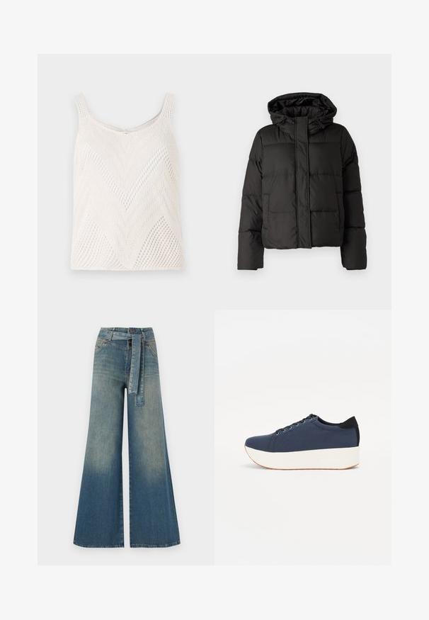 Zwarte gewatteerde jas met capuchon, ritssluiting aan de voorkant, gestikt patroon en elastische manchetten. Gemaakt van glad synthetisch materiaal.; Lichtgewicht witte gebreide tanktop met een chevronpatroon, voorzien van smalle schouderbandjes en een open geweven textuur.; Wijduitlopende denim broek met een lichte naar donkere blauwe gradient, hoge taille, riemlussen en een bijpassende stoffen riem. Gestructureerde denimafwerking.; Marineblauwe sneaker met een textuurstof bovenwerk, witte platformzool, ronde neus en zwart hakaccent. Voorzien van zes gaatjes voor veters.