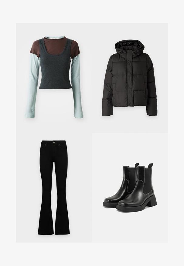 Svart puffjacka med huva, dragkedja fram, kviltat mönster och elastiska ärmslut. Tillverkad av ett slätt syntetiskt material.; Lagret långärmad topp bestående av en mörkgrå ribbad kortärmad tank över ett ljusblått långärmat baslager och en brun kortärmad tröja.; Svarta högmidjade jeans med knäppning och dragkedja, frontfickor och utsvängda ben, liggande platt på en vit bakgrund.; Svarta läder Chelsea-boots med en kraftig klack, elastiska sidpaneler och kontrasterande vit sömnad. Texturerad yta.