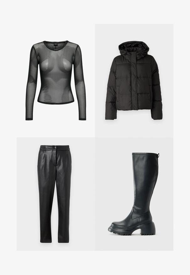 Musta puffatakki hupulla, vetoketjukiinnityksellä, tikattu kuvio ja elastiset hihansuut. Valmistettu sileästä synteettisestä materiaalista.; JDY JDYELSA O NECK - Pitkähihainen paita - black; Mustat nahkahousut, joissa on sileä pinta, suora leikkaus, joustava vyötärö ja etupainike; poimutettu yksityiskohta ja suppilomaiset lahkeet.; Korkeat mustat nahkakengät, joissa on paksu pohja ja lohkare korko, varustettuna vetonauhalla ja tekstuurilla ulkopohjassa.