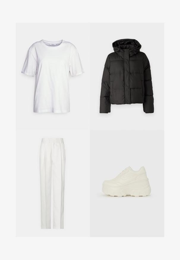 Svart pufferjakke med hette, glidelås foran, quiltet mønster og elastiske ermer. Laget av glatt syntetisk materiale.; Hvit bomull t-skjorte med klassisk rund hals, korte ermer, løs passform og rett hem. Ingen mønstre eller ekstra detaljer.; Hvite strikkede bukser med rette ben, laget av et lett stoff. Har folder foran og et tradisjonelt midjebånd.; Hvite plattformsnickers med en glatt læraktig overdel, avrundet form, polstret krage og teksturert gummisåle med tydelige dekk.