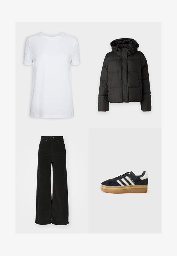Sort pufferjakke med hætte, lynlås foran, quiltet mønster og elastiske manchetter. Fremstillet af glat syntetisk materiale.; Hvid kortærmet t-shirt lavet af bomuld. Rund hals design med en glat tekstur og uden synlige mønstre eller accenter. Basic stil.; Sorte kordfløjl bredbenede bukser med høj talje, der har to forlommer og en metalknaplukning. Tekstureret stof med lodrette ribber.; Sorte, langhårede sneakers med hvide striber og gyldent skrift, der har en tyk gummisål og struktureret overdel. Pyntet med en fluffy bagside.