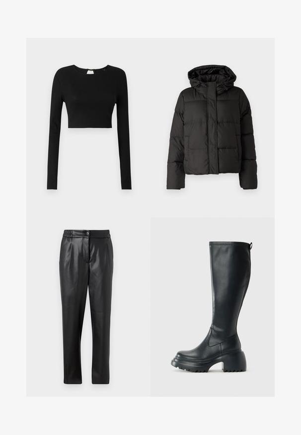 Black puffer jacket with a hood, zip front closure, quilted pattern, and elastic cuffs. Made from smooth synthetic material.; Black long-sleeve crop top made from ribbed fabric. Features a round neckline and a small keyhole opening at the back with a zipper.; Black leather pants with a smooth texture, straight fit, elastic waistband, and a front button closure; pleated detailing and tapered legs.; Tall black leather boot with chunky platform sole and block heel, featuring pull tab and textured tread on outsole.