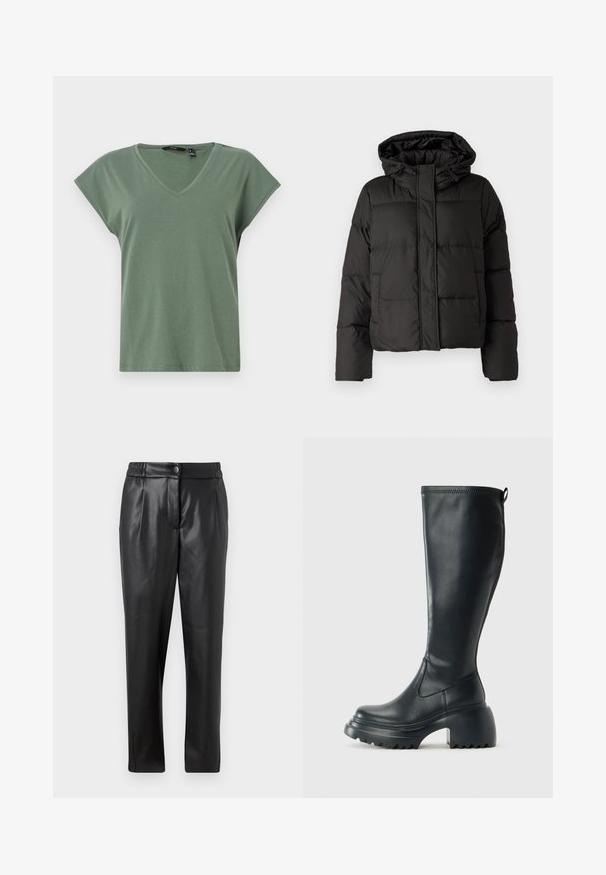 Svart puffjacka med huva, dragkedja fram, kviltat mönster och elastiska ärmslut. Tillverkad av ett slätt syntetiskt material.; Olivgrön T-shirt med V-hals och korta ärmar, tillverkad av mjukt tyg. Har en avslappnad passform och en ren design utan synliga logotyper.; Svarta läderbyxor med en slät yta, rak passform, resårliv och knäppning fram; plisserade detaljer och smalnande ben.; Höga svarta läderstövlar med kraftig plattformssula och blockklack, med dragflik och strukturerat mönster på yttersulan.